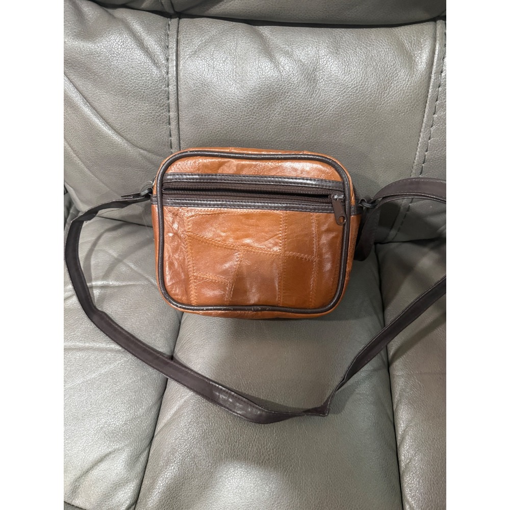 Rustic Vintage Cognac Patchwork Leather Crossbody… - image 2